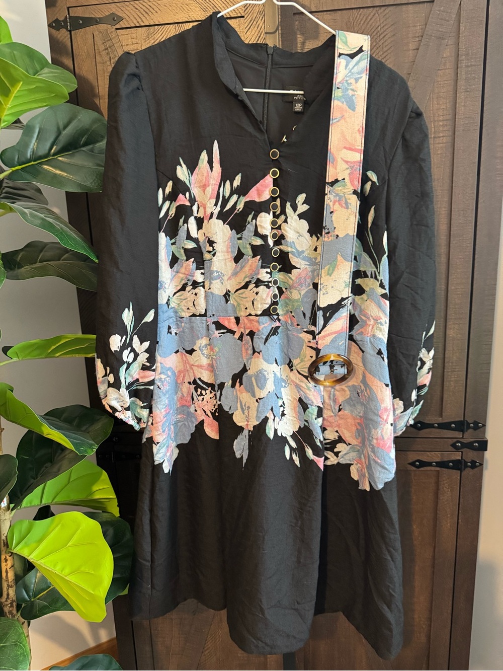 Tahari Black Floral Button-Front Dress with Pastel Accents